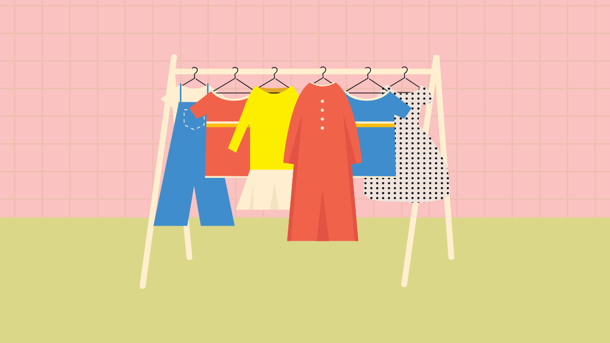 Illustration of a clothing closet display with colorful clothes