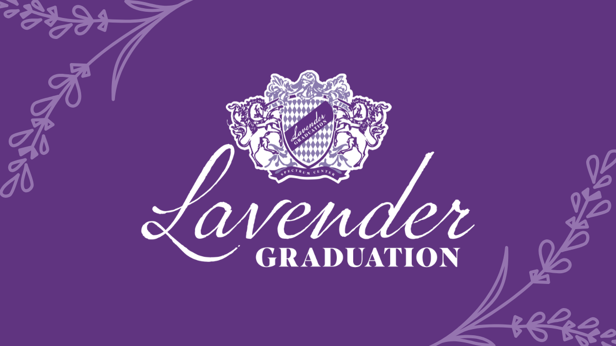 Lavender Graduation crest with illustrated laurels on a purple background