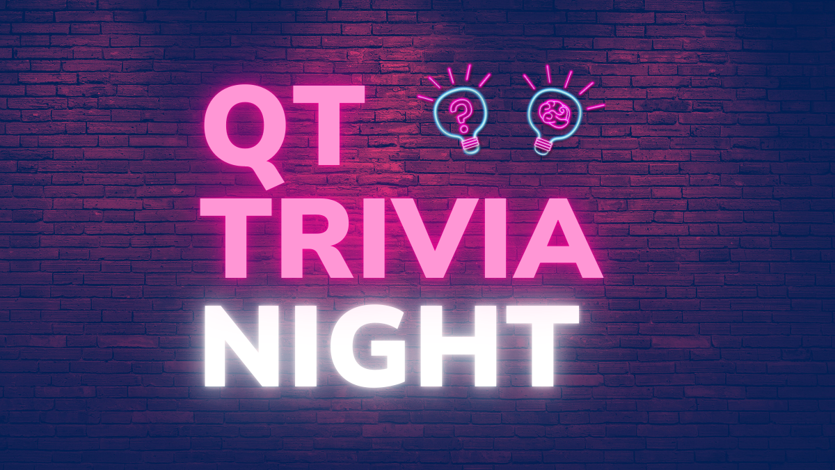 QT Trivia Night in neon light motif