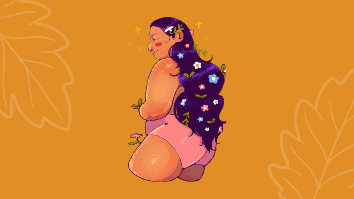 safe tucking workshop, illustration of a transfem person with long flowing hair filled with flowers