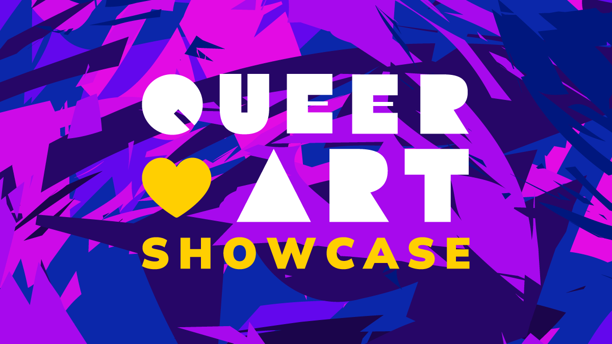 Queer Art Showcase graphic mark on a textured purple background