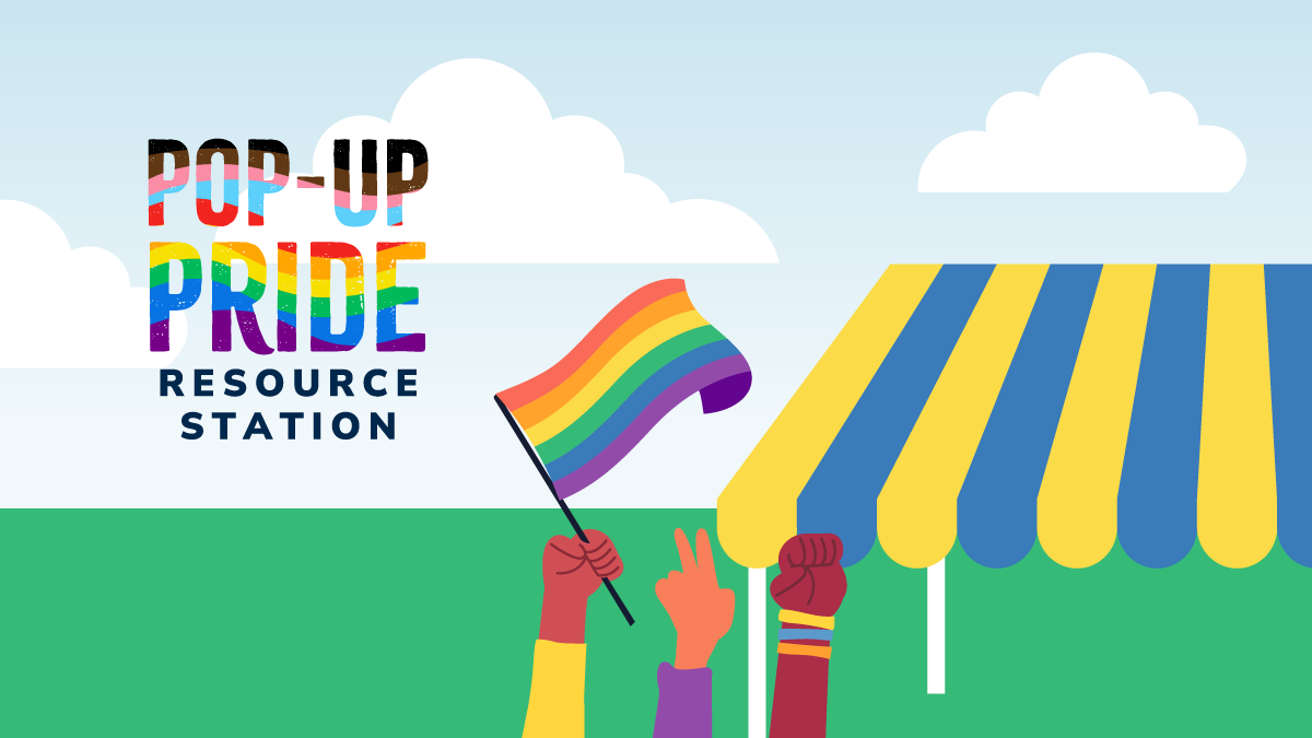 Illustrated field with maize and blue tent, people's raised hands, pride flag, and "Pop Up Pride Resource Station" mark