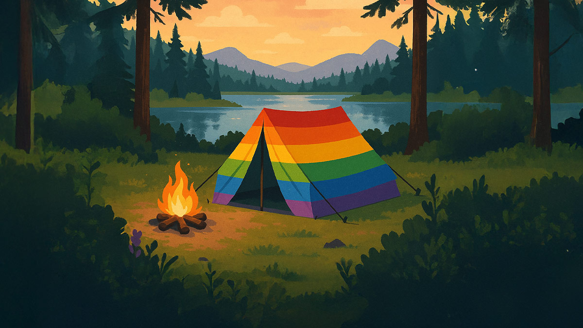 Illustration of a rainbow tent in the woods