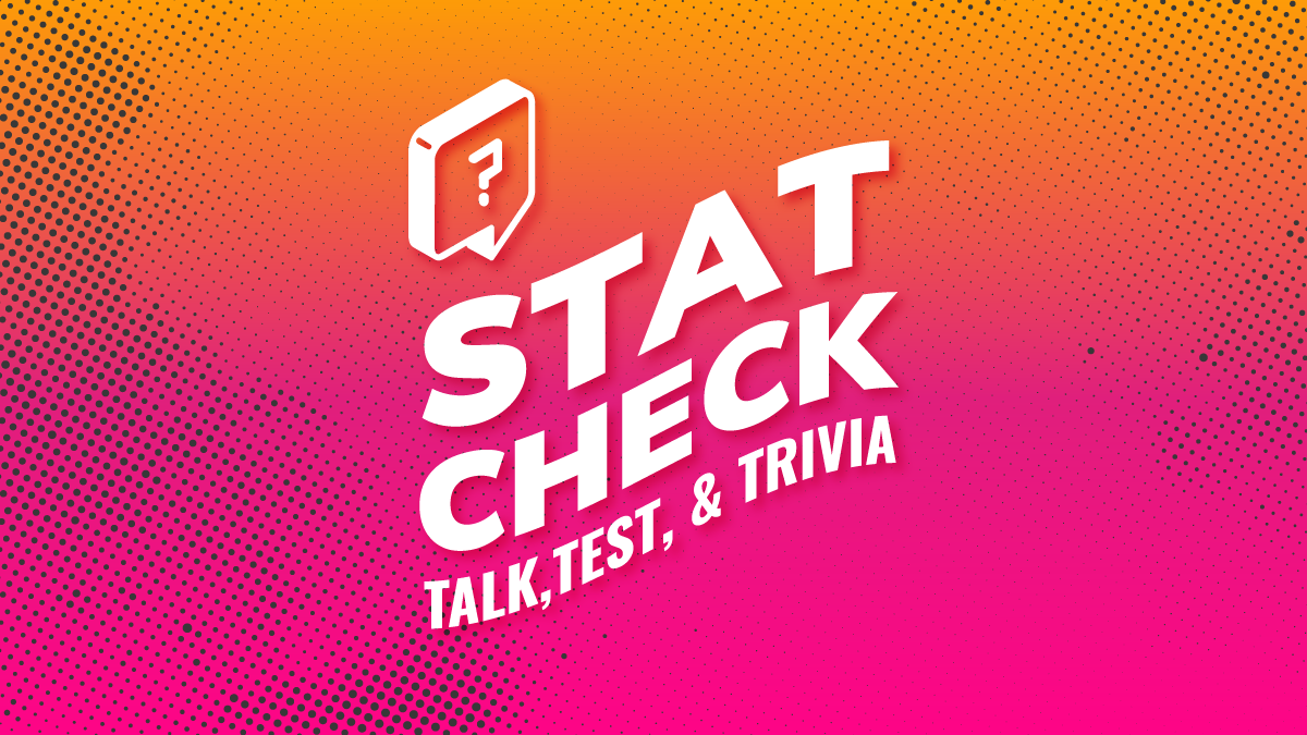 "Stat Check: Talk, Test, & Trivia" in stylized text over a gradient background