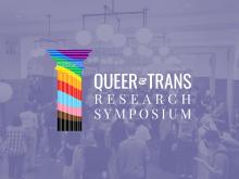 Queer & Trans Research Symposium badge on top of a photo of the Michigan Union