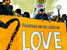 An illustration of Chris at a rally holding a banner that says Standing on the Side of Love