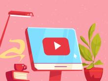 Illustration of a desk setup, with computer monitor, plant, book, and hot beverage