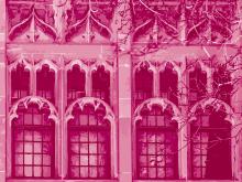 Pink tritone illustration of Marsal School's windows and surrounding exterior ornamentation