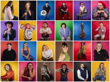 Grid of Belonging Project participants in front of multicolored backgrounds