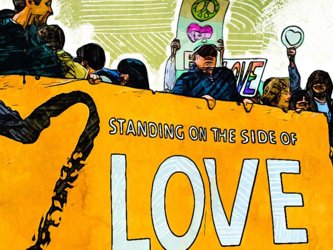An illustration of Chris at a rally holding a banner that says Standing on the Side of Love
