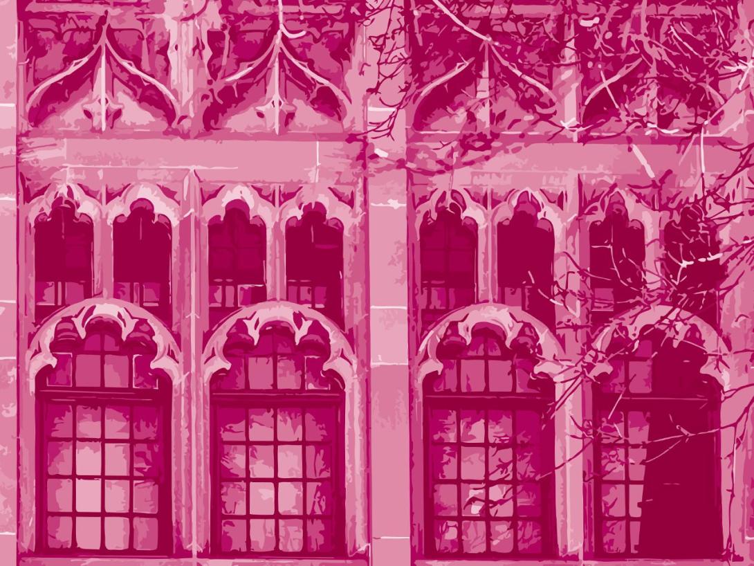 Pink tritone illustration of Marsal School's windows and surrounding exterior ornamentation