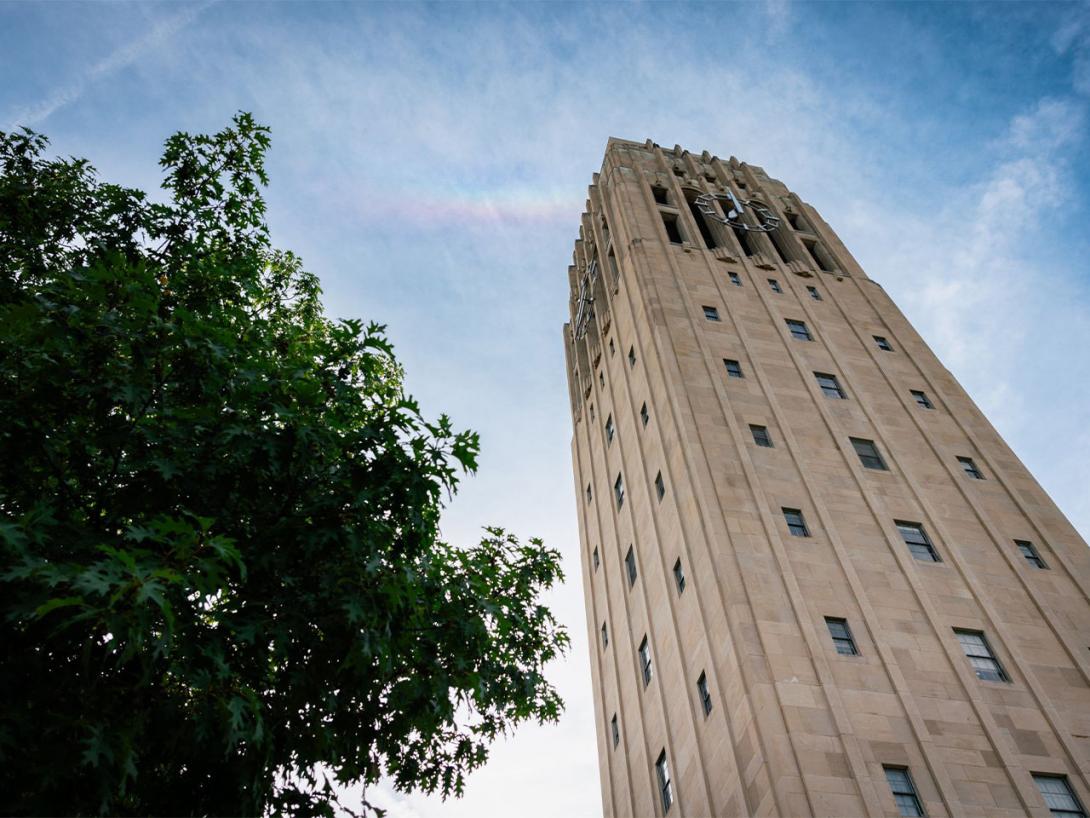 A rainbow in the sky over Burton Tower